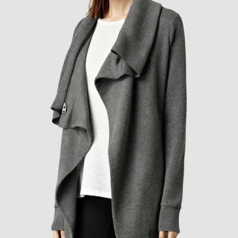 AllSaints Dahlia draped sweatshirt cardigan charcoal grey XS
